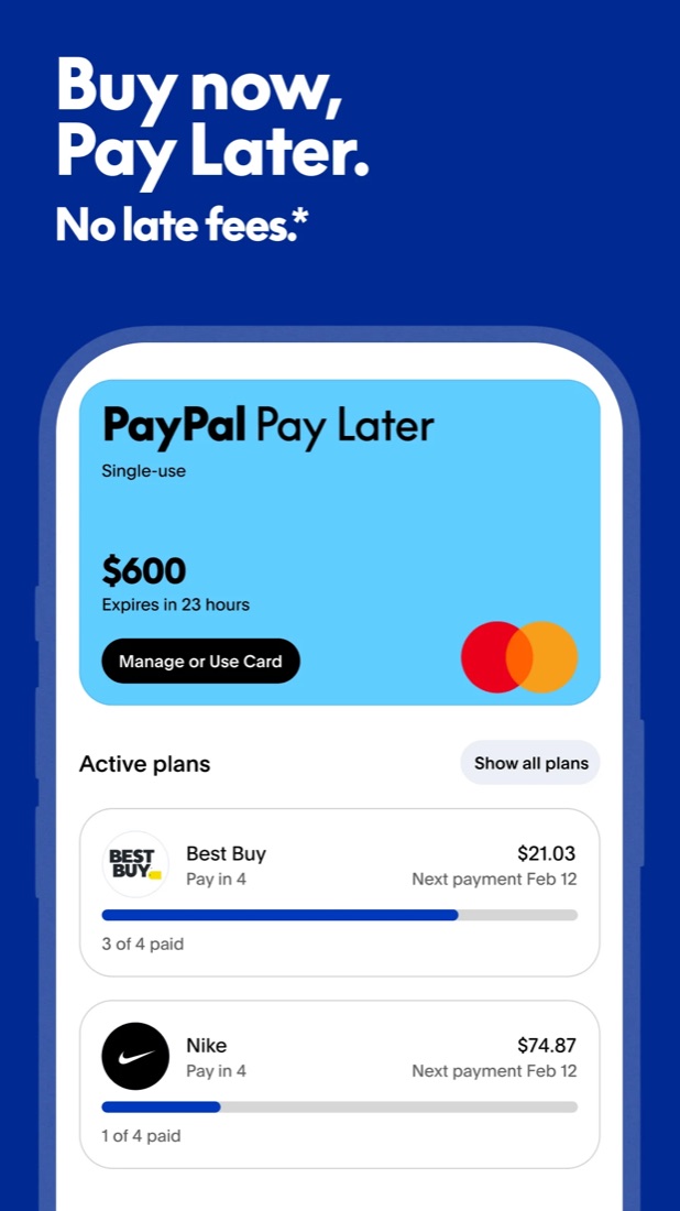 PayPal Pay Later card and active plans screen