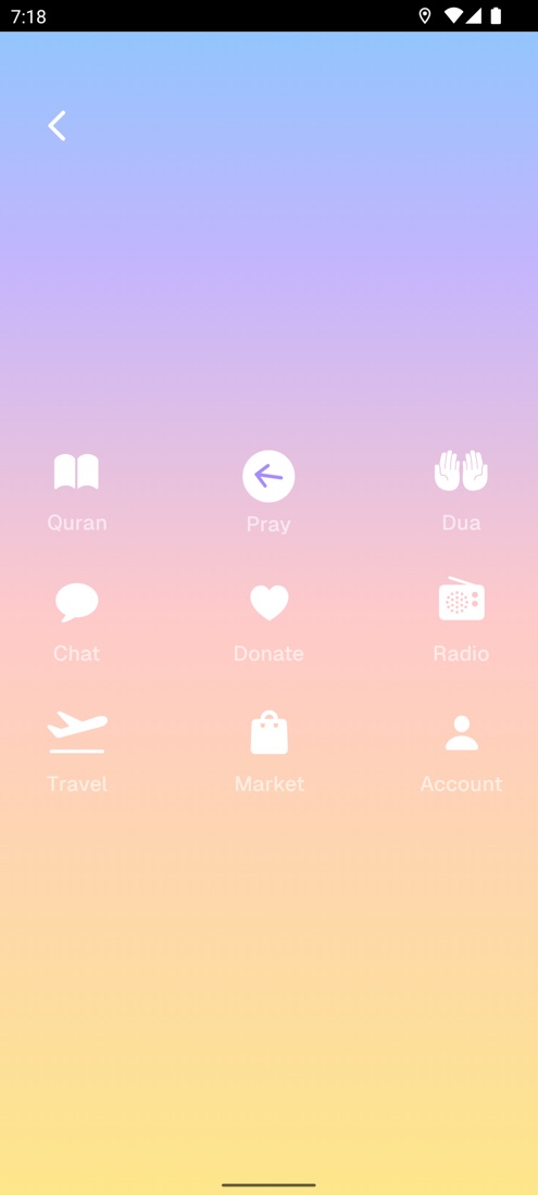 Sila app — home menu with Quran, Pray, Chat, Market